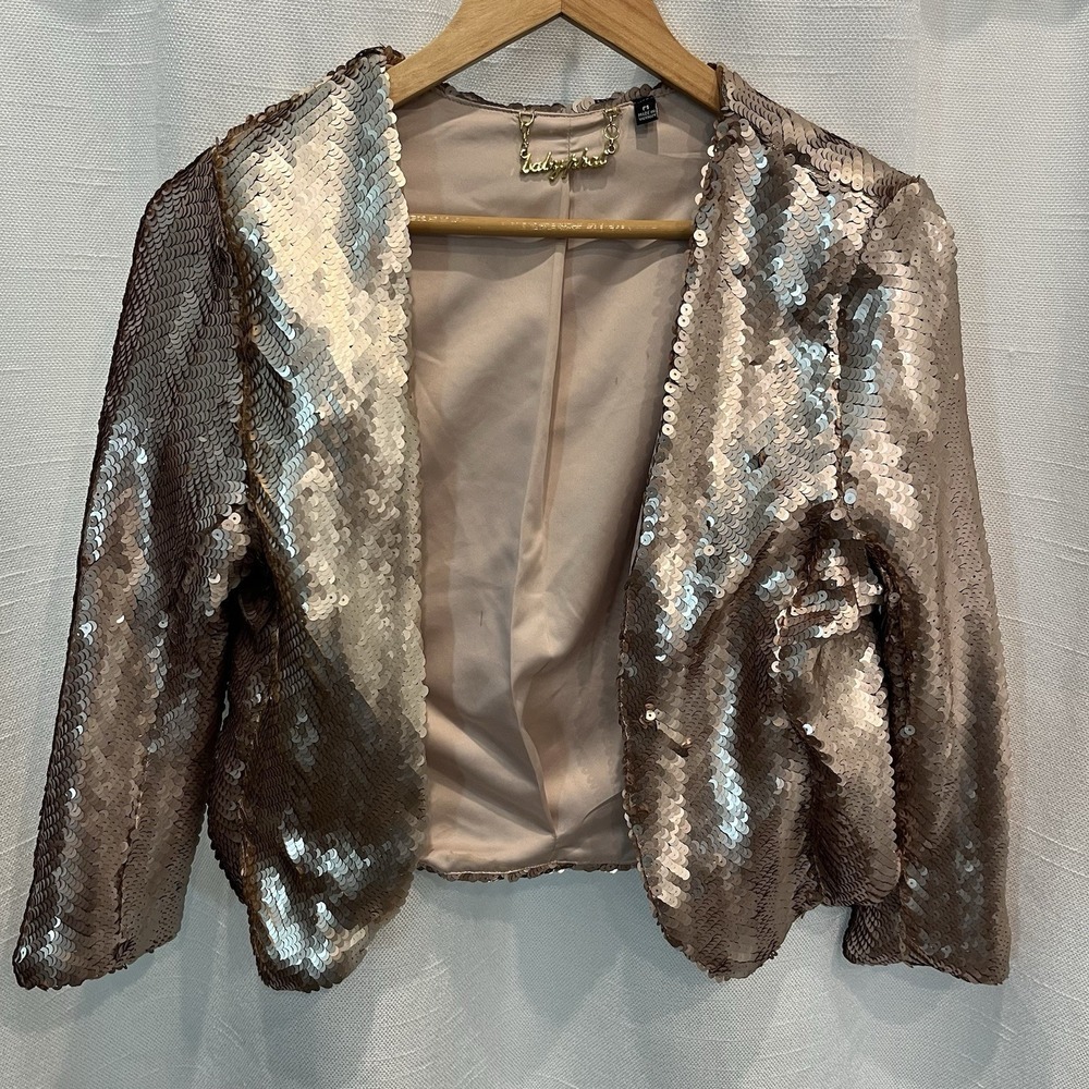 Baby Phat Rose Gold Sequin Cropped Jacket Womens M 3/4 Sleeve Y2K Glam